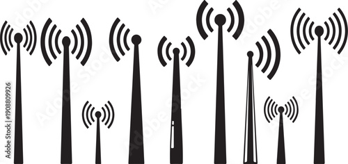 Black and white illustration of multiple cell phone towers