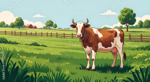 Vector style illustration of a brown and white horned cow with a rope collar standing in a grassy pasture, with wooden fencing, trees, scattered clouds, and a red barn in the distance.
