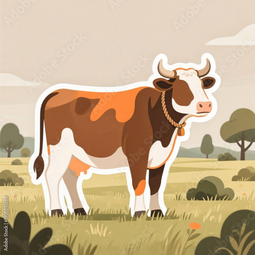 Flat vector illustration of a brown and white cow with horns and a rope collar standing in a grassy field, with simplified trees, shrubs, and distant hills under a muted sky backdrop.

