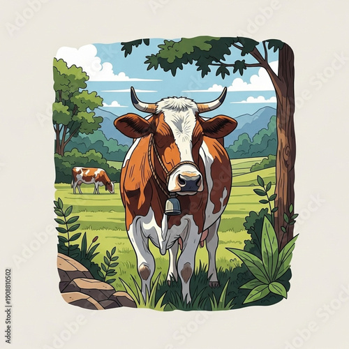 A graphic vector illustration of a brown and white cow wearing a bell, positioned within a flat pastoral landscape displaying rolling green hills, one large tree, and cloudy skies.