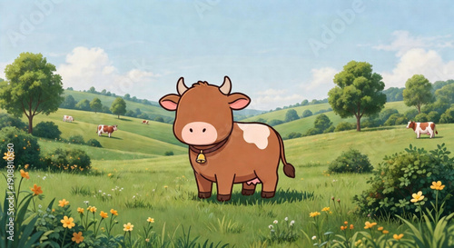Cartoon-style brown cow with a bell collar standing in a green meadow with yellow wildflowers, rolling hills, scattered trees, and grazing cows under a lightly clouded blue sky.