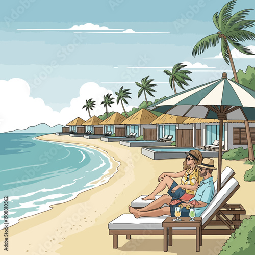 Couple relaxing on beach chairs at tropical resort with ocean view
