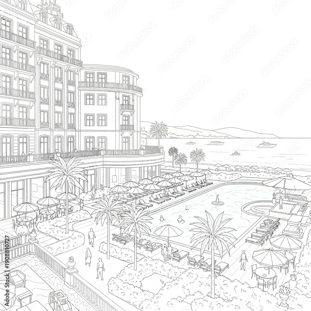 Obraz premium Luxury resort hotel with swimming pool, beach and sea view, line art drawing