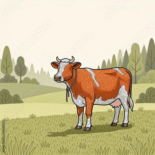 Cartoon-style cow illustration composed of layered, textured cutout shapes with wood grain effect, featuring warm color palette, standing in stylized grassy field with distant trees and hills.