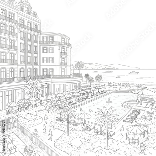 Luxury resort hotel with swimming pool, beach and sea view, line art drawing