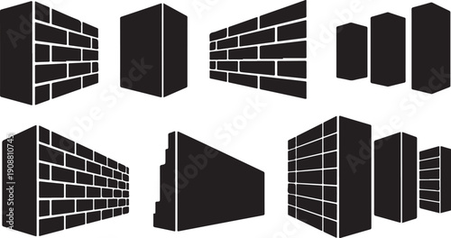 Black brick wall blocks and 3D shapes isolated white
