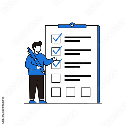 Man standing next to a large checklist on a clipboard with two items checked.