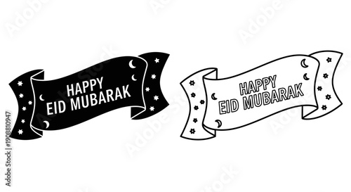 Happy Eid Mubarak black and white vector ribbon banner with crescent moons and stars, isolated on white