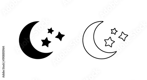Vector illustration of a black crescent moon and three stars, presented in both solid fill and outline styles, isolated on a transparent background.