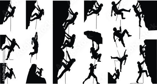 Rock climbing silhouettes set showing climbers on ropes, extreme mountain sport poses, adventure outdoor climbing vector illustration for fitness and training