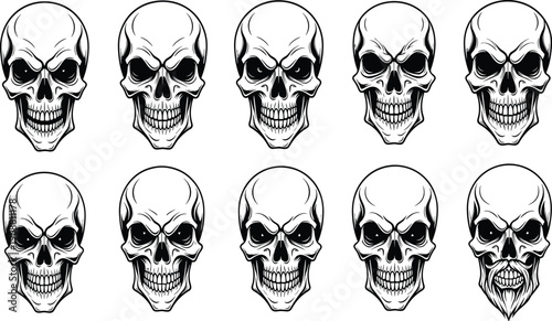 Skull vector illustration, black silhouette artwork, tattoo design graphic, gothic style drawing, horror icon pattern, Halloween decorative skull set