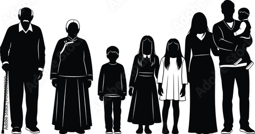 Silhouette family generations illustration featuring grandparents parents children and baby, diverse ages standing together, black and white people profile artwork