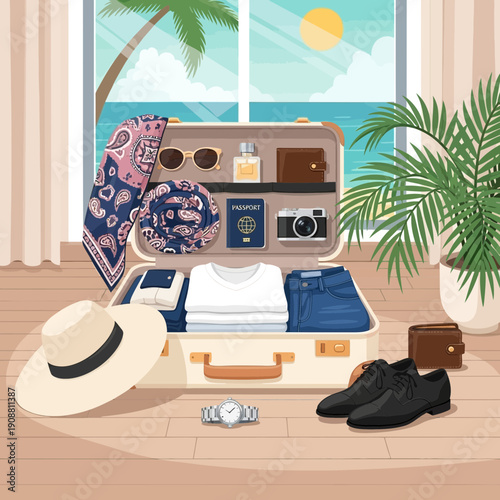 Packing suitcase for tropical vacation, clothes, accessories, passport, camera, beach view