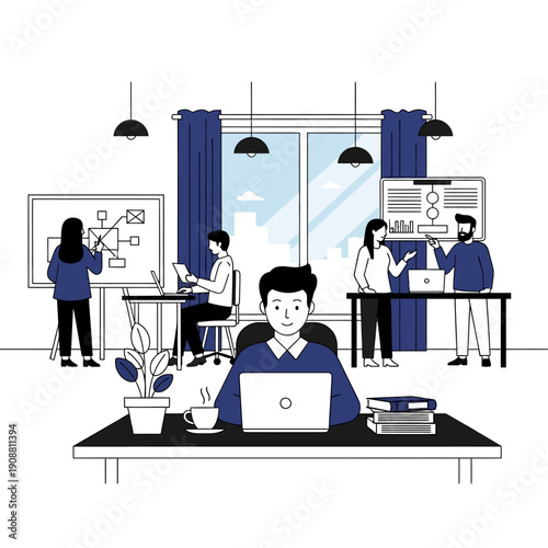 Team of professionals working together in a modern office space.