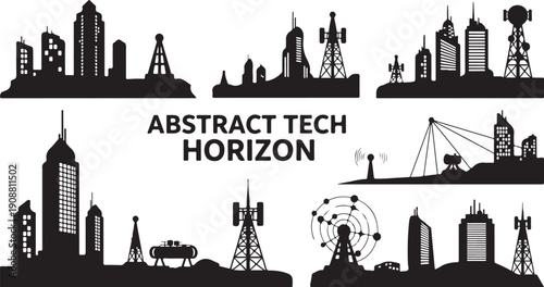 Abstract Tech Horizon Cityscape Silhouettes Black and White Image