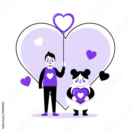 Illustration of a cartoon man and woman holding balloons in the shape of hearts.