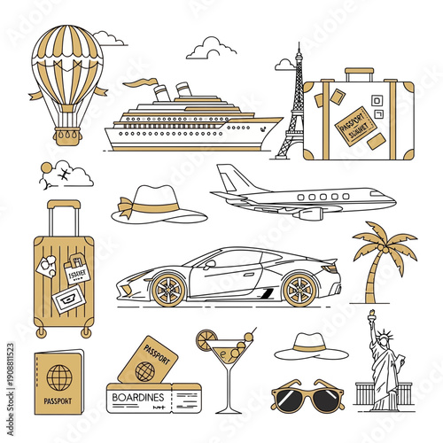 Travel icons: hot air balloon, cruise ship, airplane, car, suitcase, Eiffel Tower, passport