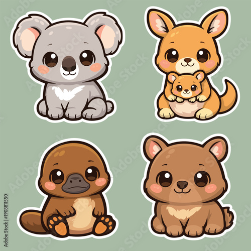 Adorable Australian Fauna: A charming collection of iconic Australian animals, including a koala, kangaroo, platypus and wombat. Each creature is depicted with endearing features and cuddly shapes.