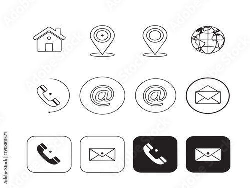 Communication Icons Set with Phone, Email, Map, and Globe Symbols
