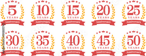 アニバーサリーのロゴ「5周年、10周年、15周年、20周年、25周年、30周年、35周年、40周年、45周年、50周年」
