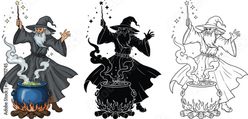 Wizard casting magic spell over bubbling cauldron in three styles, fantasy sorcerer illustration ideal for Halloween, mythology, storytelling, character design themes
