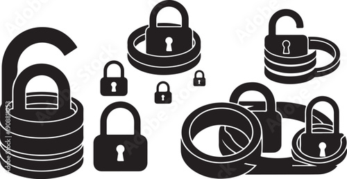 Various padlocks and keys in black and white illustration
