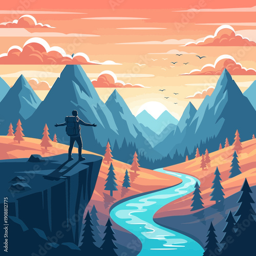 Hiker on cliff edge overlooking mountain valley with river at sunset