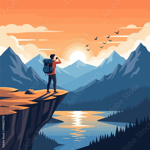 Hiker on cliff edge overlooking mountains and lake at sunset