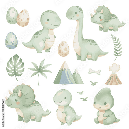 Cute Watercolor Dinosaur Illustrations for Kids.