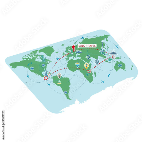 World map with solo travel routes and landmarks, illustration