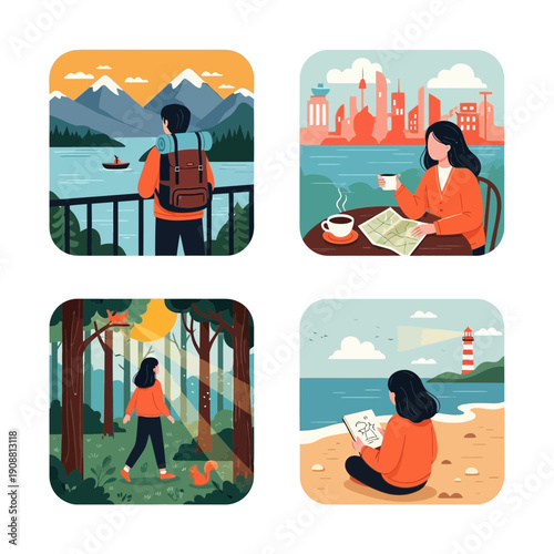 Young woman enjoying different leisure activities, travel, city, nature, beach