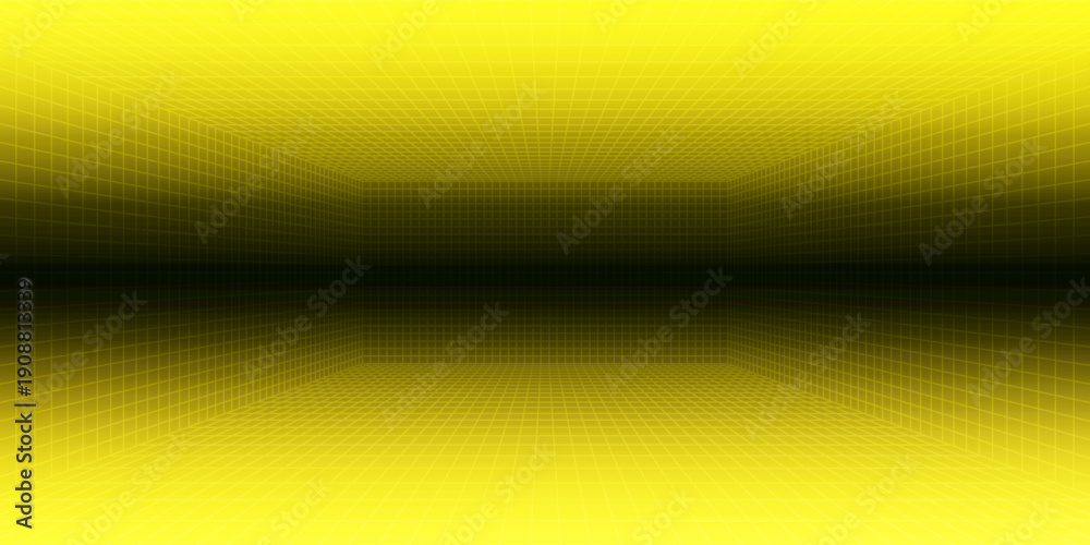 Fototapeta premium Futuristic perspective grid box. Abstract wireframe with white grid line on black background. Virtual reality landscape in 80s 90s digital style. Vector illustration.