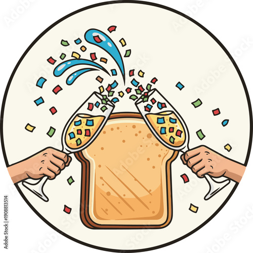 A vibrant vector illustration of two hands clinking champagne glasses in a toast over a slice of bread, featuring splashing liquid and colorful confetti within a circular frame.