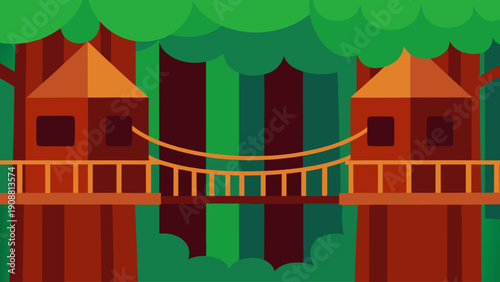 Vibrant forest scene with suspension bridge between two treehouses