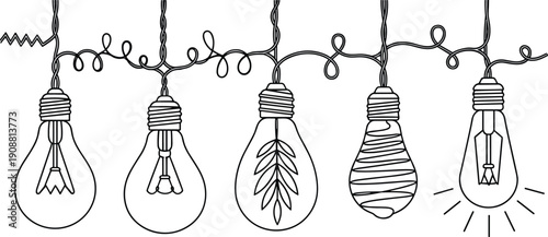 Hanging vintage light bulbs illustration with decorative wires and glowing filament designs for decoration, creativity, inspiration, retro lighting and artistic concepts