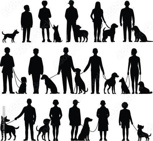 People walking dogs silhouette set, pet owners with dogs, human animal companionship concept, black vector illustration isolated on white background