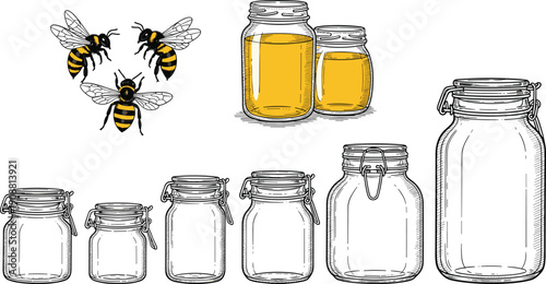 Honey jars with bees illustration set featuring glass containers, honey storage bottles, flying bees and mason jar drawings for organic product design