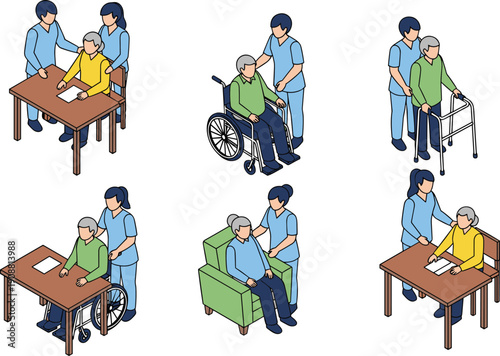 Isometric caregiver assisting elderly people with daily activities including walking wheelchair support sitting help and rehabilitation therapy in senior care illustration
