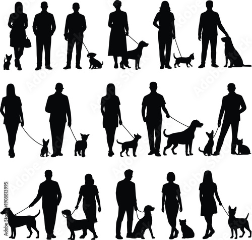 People walking dogs silhouettes, dog owners standing and strolling with pets, leash walking scenes, human canine companionship vector illustration, outdoor lifestyle collection