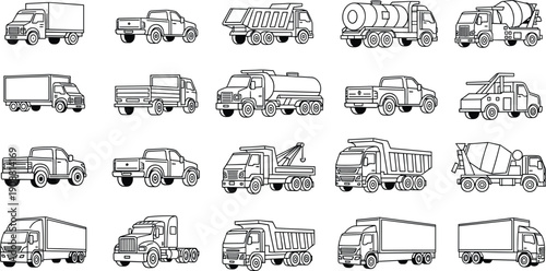 Large collection of commercial trucks and utility vehicles illustrated in various styles, including cargo, dump, cement, tanker and pickup models for transport concepts