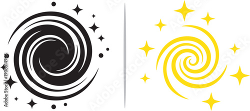 A dual-pane graphic featuring a black swirling vortex with surrounding stars on the left, and a bright yellow spiral galaxy icon emitting glowing sparkles on the right.