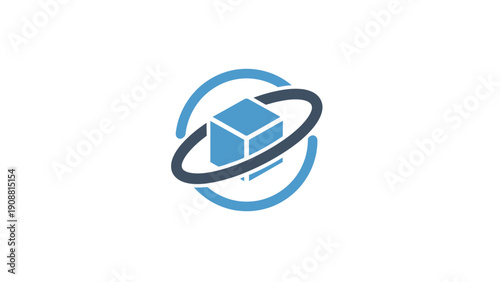 Foto Blue cube with orbiting ring symbol.