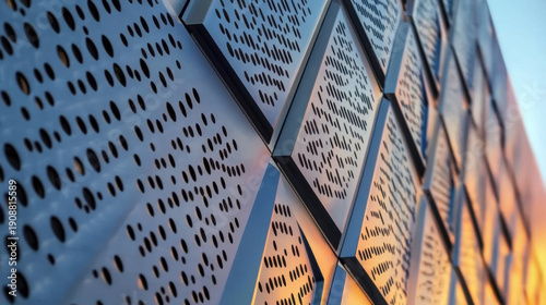modern steel angular geometric cladding with colour tones and perforated patterned design