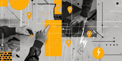 Hands Pointing at Map Icons in a Digital Graphic for Location Tracking/ Planning