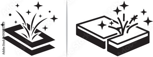 A dual-pane graphic showing a rectangular frame with a sparkling burst on the left, and a split rectangular block with magical stars and particles erupting from the center on the right.