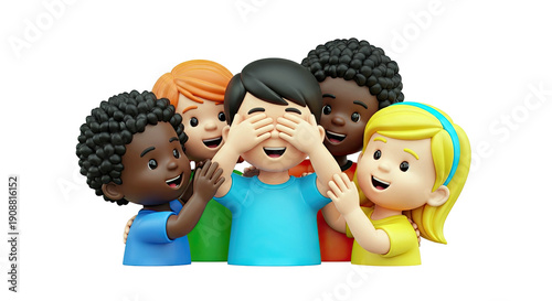 Diverse group of 3D cartoon children playing peek-a-boo