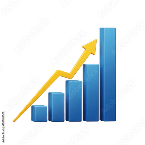 Free Download Blue bar graph with upward trend yellow arrow isolated on transparent background - GFXLoad