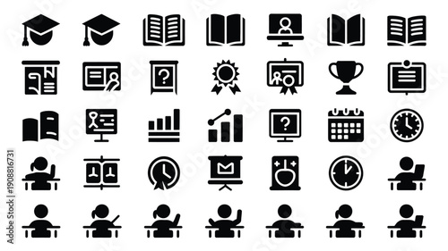 Education and learning icons set including graduation books computers and people studying in black on white background for business and school concepts