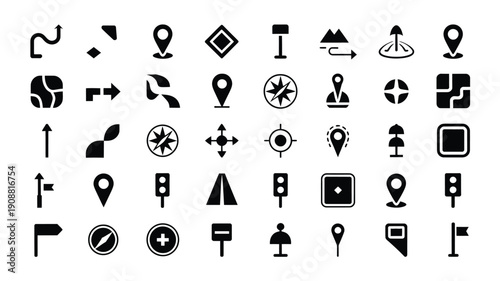 Collection of black navigation and map icons on white background for design and infographics