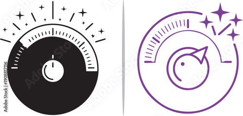 Two stylized dial icons, one black and one purple, showing a gauge at high capacity with sparkles and motion lines, representing peak performance, speed, volume, and optimization.